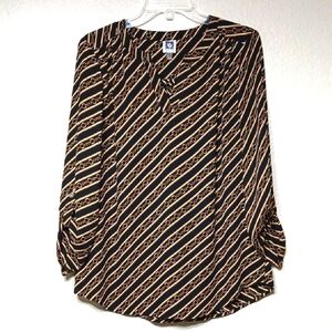 Anne Klein Black and Tan Relaxed Blouse with Mandarin Collar